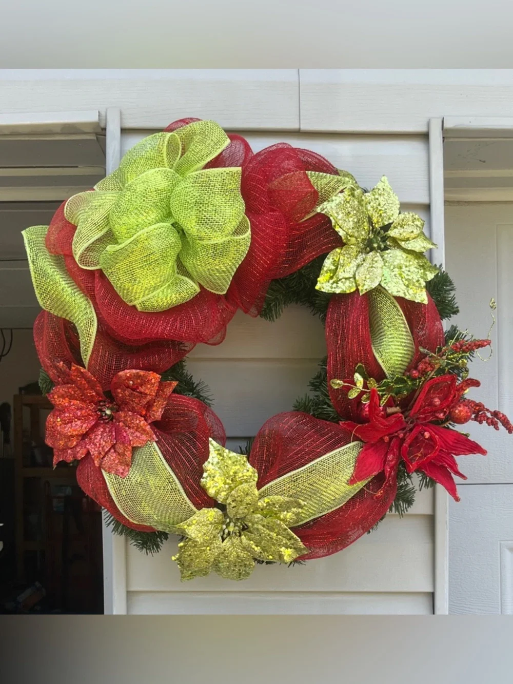 Artificial 25 inch Green Christmas Wreath w/ Red & Gold Ribbon Poinsettias